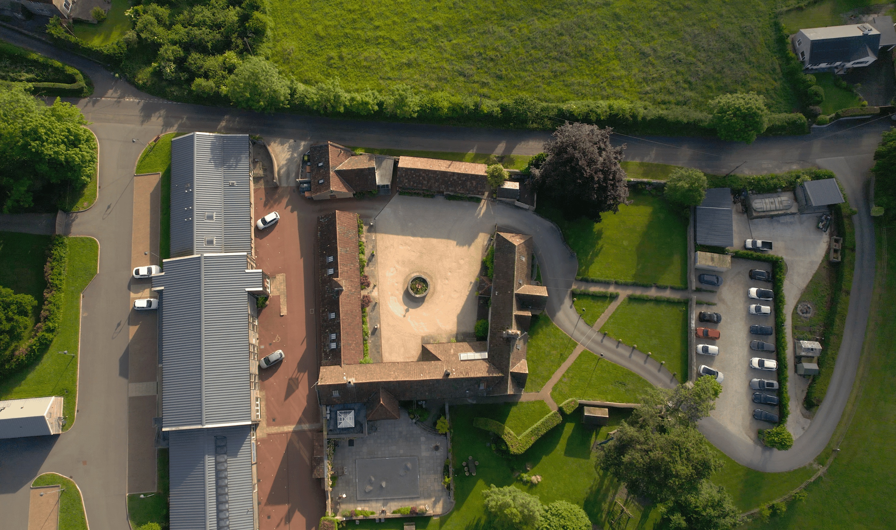 Aerial view of the courtyard and car park